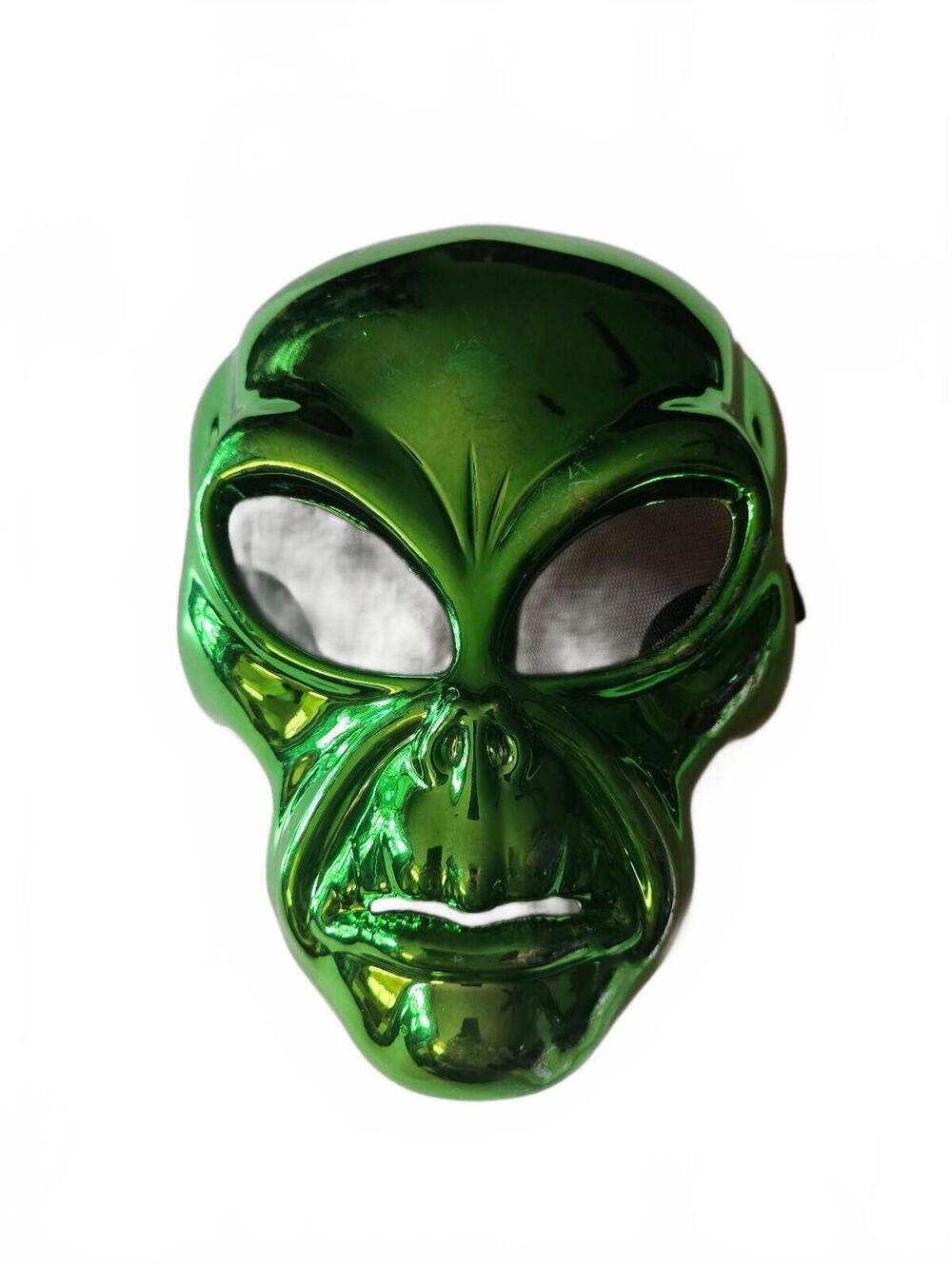 Metallic Chrome Green Alien Mask with Mesh Eyes for Halloween and Cosplay